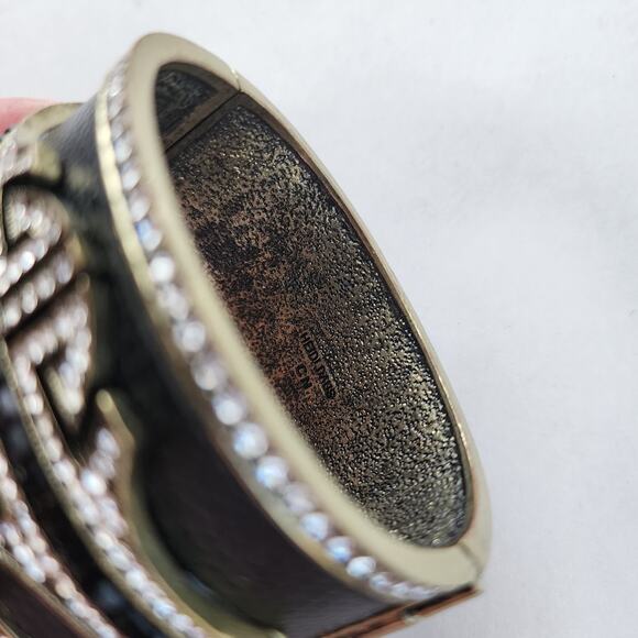 HEIDI DAUS Art Deco Black Leather Swarovski Crystal Cuff Bangle Bracelet Big - Picture 7 of 10